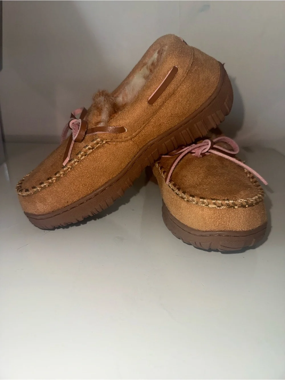 Kids Faux-Suede Moccasin Slippers in Chestnut Brown